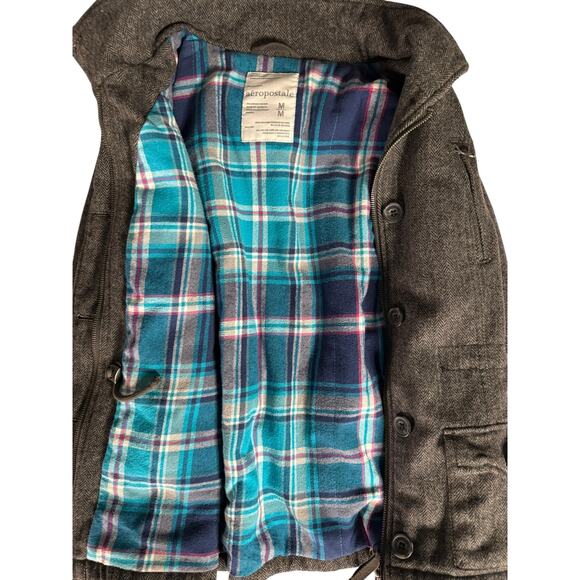 Women’s Aeropostale Wool Blend Coat Medium Gray Herringbone Hooded Jacket - Picture 10 of 13